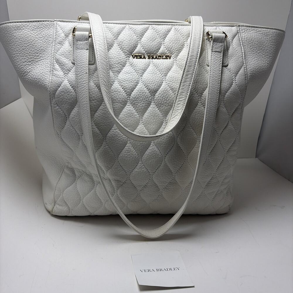 Vera Bradley Leather Quilted Ella Tote Off White 14x19x6 Nice Condition